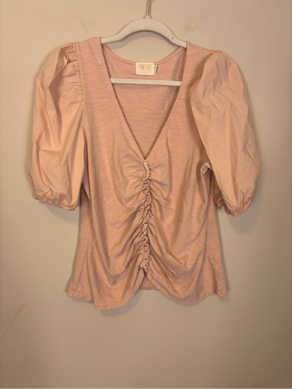 Nation LTD Blush Pink Ruched V-Neck Puff Sleeve Top XL